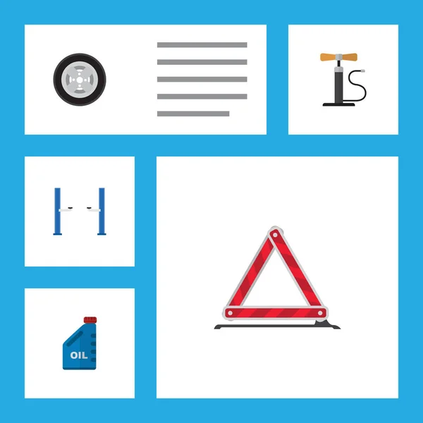 Conjunto de servicio plano de gasolina, bomba de ruedas, advertencia y otros objetos vectoriales. También incluye bidón, advertencia, elementos de la bomba . — Archivo Imágenes Vectoriales