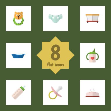 Düz çocuk Besleyici, meme, küvet ve diğer vektör nesneleri kümesi. Ayrıca içerir memnun etmektedir, emzik, Bebek öğeleri.