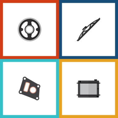 Düz otomatik kemer, ön cam, conta ve diğer vektör nesneleri kümesi. Ayrıca ambalaj, ısıtıcı, termostat öğeleri içerir.