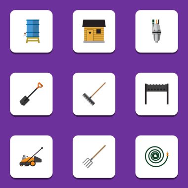 Düz Bahçe pompası, saman çatal, Barbekü ve diğer vektör nesneleri kümesi. Harrow, çiftlik evi, Spade öğeleri de içerir.