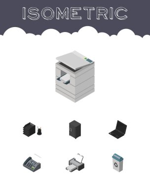 İzometrik iş ofis telefon, kasa, dizüstü bilgisayar ve diğer vektör nesneleri kümesi. Ayrıca Telefax, önemsiz, kasa öğeleri içerir.