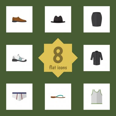 Düz giysi üniforma, plaj sandalet, spor ayakkabı vektör nesneleri kümesi. Fedora, giyim, Tank öğeleri de içerir.
