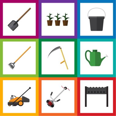 Cutter, çim biçme makinesi, dizi düz çiftlik çimen-kesici ve diğer vektör nesneleri. Ayrıca kürek, kürek, çim unsurları içerir.