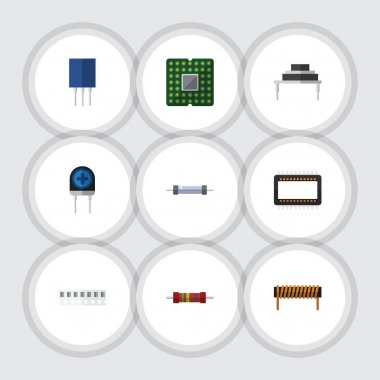 Düz teknoloji anabilgisayar, direnç, priz ve diğer vektör nesnelerini ayarlayın. Ayrıca dönüştürücü, anabilgisayar, elektronik öğeler içerir.