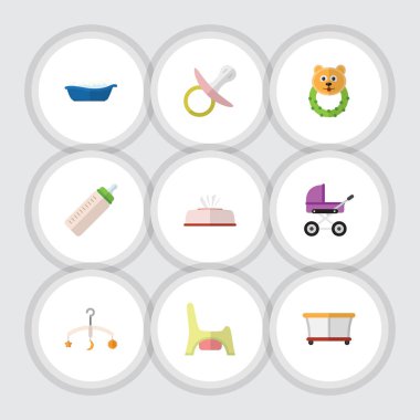 Düz çocuk meme, doku, bebek arabası ve diğer vektör nesneleri kümesi. Ayrıca peçete, çocuk parkı, puf öğeleri içerir.