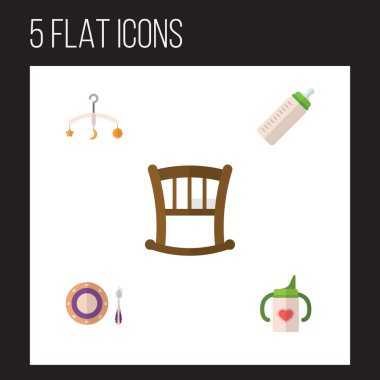 Düz bebek bebek plaka, besleyici, Bebek karyolası ve diğer vektör nesneleri kümesi. Ayrıca şişe, karyola, besleyici öğeleri içerir.