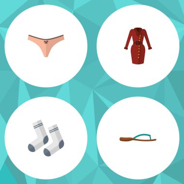 Düz giyim giysi, ayak Tekstil, iç çamaşırı ve diğer vektör nesneleri kümesi. Ayrıca külot, Flop, Sandal unsurları içerir.