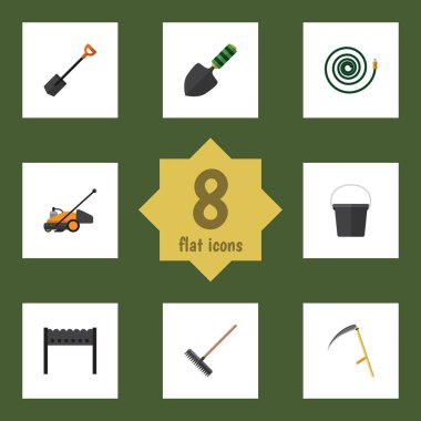 Düz çiftlik kesici, Hosepipe, çim biçme makinesi ve diğer vektör nesneleri kümesi. Ayrıca Barbekü, Hosepipe, mala unsurları içerir.