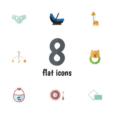 Düz çocuk oyuncak, peçete, Bebek plaka ve diğer vektör nesneleri kümesi. Ayrıca içerir oyuncak, Bebek bezi, memnun etmektedir öğeleri.