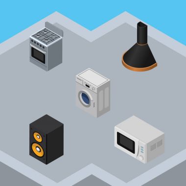 İzometrik cihaz hava Extractor, müzik kutusu, mikrodalga ve diğer vektör nesneleri kümesi. Ayrıca mikrodalga, içerir makine, kutusu öğeleri.