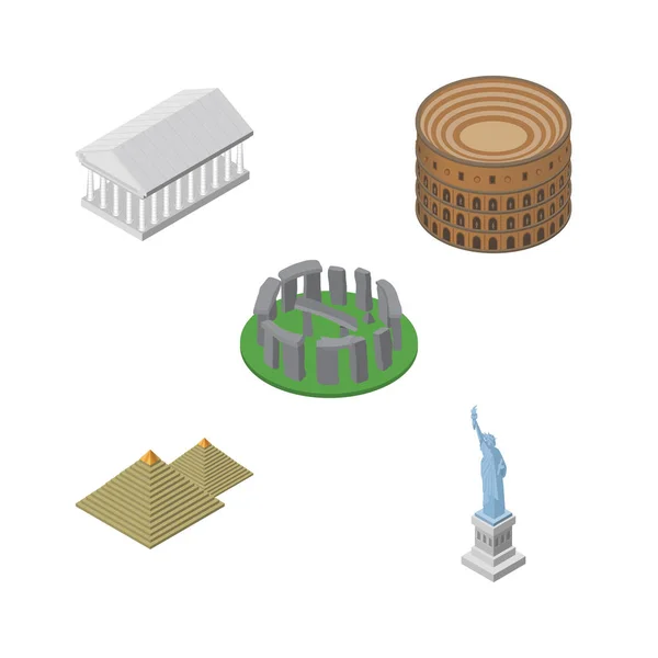 Isométrico conjunto de atracciones de Coliseo, Inglaterra, Nueva York Vector Objects. También incluye Atenas, América, elementos del Coliseo . — Vector de stock
