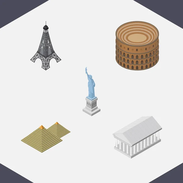 Isométrico conjunto de viajes de Nueva York, Egipto, Coliseo y otros objetos vectoriales. También incluye torre, América, elementos de Egipto . — Vector de stock