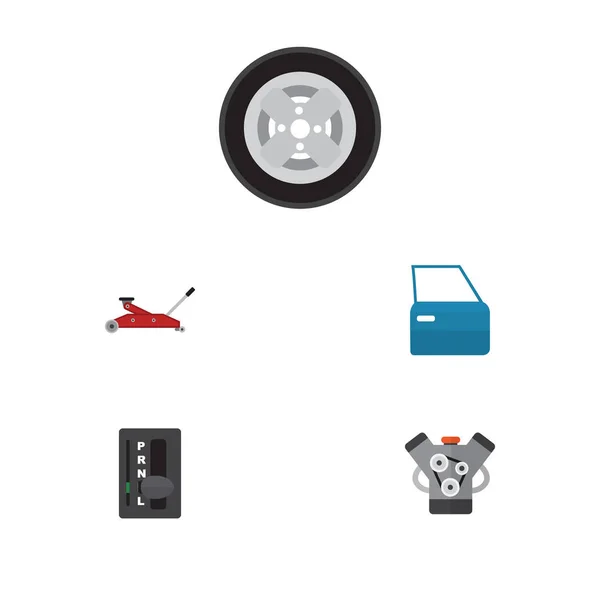 Плоский автоматичний набір автомобільних частин, підйом, автоматична коробка передач та інші векторні об'єкти. Також включає двигун, двигун, колісні елементи . — стоковий вектор