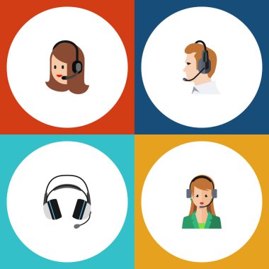 Düz arama Telefonla satış, kulaklık, Sekreter ve diğer vektör nesneleri kümesi. Ayrıca destek, arama, Online unsurları içerir.