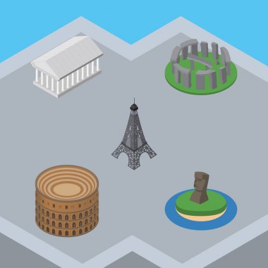 İzometrik şehirler Coliseum, Atina, Paris ve diğer vektör nesneleri kümesi. Ayrıca kule, Akropolis, Stonehenge öğeleri içerir.