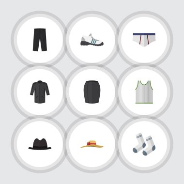 Düz hazır giyim pantolon, Panama, şık şapkalar ve diğer vektör nesneleri kümesi. Ayrıca çorap, külot, Ayakkabı unsurları içerir.