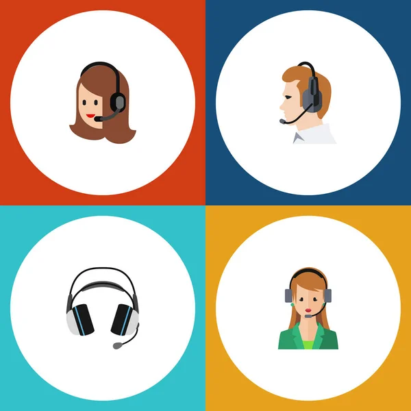 Conjunto de llamadas planas de telemarketing, auriculares, secretaria y otros objetos vectoriales. También incluye soporte, llamada, elementos en línea . — Vector de stock