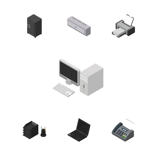 Isometrisches Arbeitsset aus Tresor, Wandkühler, Laptop und anderen Vektorobjekten. umfasst auch Laptop, Tablett, Druckerelemente. — Stockvektor