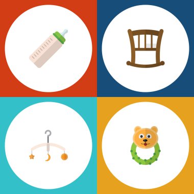 Cep, Bebek karyolası, Rattle ve diğer vektör nesnelerini düz bebek kümesi. Ayrıca yatağı, puf, Bebek öğeleri içerir.