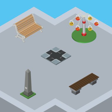 İzometrik mimari tezgah, kavşak, koltuk ve diğer vektör nesnelerini ayarlayın. Ayrıca Road, Carousel, tezgah unsurları içerir.