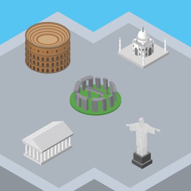 İzometrik cazibe Rio, Atina, Coliseum ve diğer vektör nesneleri kümesi. Ayrıca Roma, anıt, Taj öğeleri içerir.