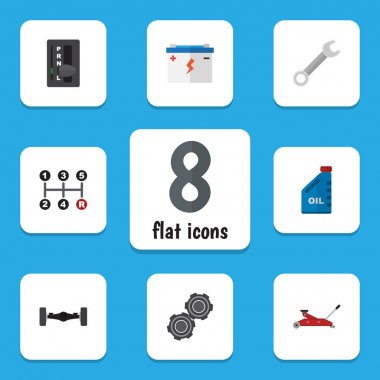 Düz otomatik Spanner, kaldırma, benzin ve diğer vektör nesneleri kümesi. Ayrıca İngiliz anahtarı, süspansiyon, Jack unsurları içerir.