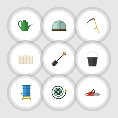 Düz çiftlik sera, konteyner, Spade ve diğer vektör nesneleri kümesi. Ayrıca konteyner, kova, sera öğeler içerir.