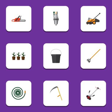 Düz Bahçe çim-kesici, demir testeresi, çim biçme makinesi ve diğer vektör nesnelerini ayarlayın. Blade, pompa, biçme makinesi öğeleri de içerir.