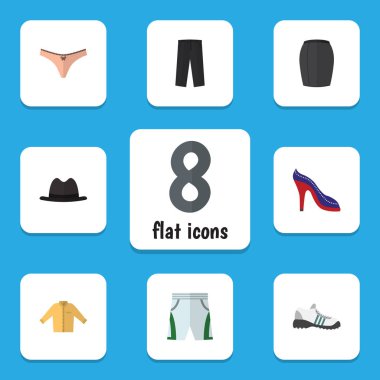 Düz elbise şık giyim, Banyan, Panama ve diğer vektör nesneleri kümesi. Ayrıca iç çamaşırı, bez, pantolon öğeleri içerir.