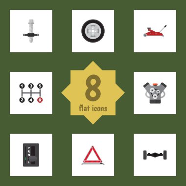 Düz servis seti taşıyan, uyarı, lastik ve diğer vektör nesnelerine. Ayrıca içerir lastik, acil durum, motoru öğeleri.