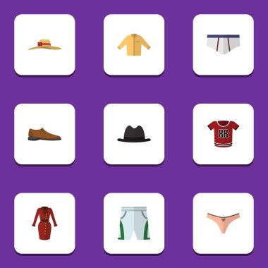 Panama, mayo kumaş, dizi düz hazır giyim iç çamaşırı ve diğer vektör nesneleri. Ayrıca şapka, adam, Fedora öğeleri içerir.