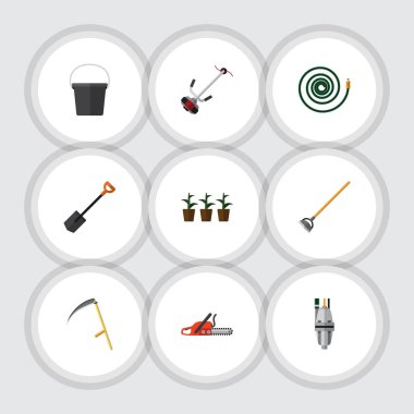 Düz Bahçe kesici, saksı, Spade ve diğer vektör nesneleri kümesi. Çim, testere, testere öğeleri de içerir.