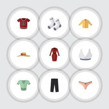 Düz hazır giyim pantolon, tişört, şık şapkalar ve diğer vektör nesneleri kümesi. Ayrıca pantolon, sütyen, Giysi unsurları içerir.