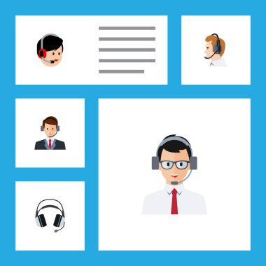 Düz telefon kulaklık, telefon hattı, operatör ve diğer vektör nesneleri kümesi. Ayrıca insan, destek, yardım hattı unsurları içerir.