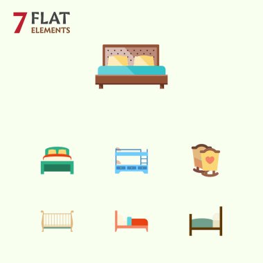 Düz yatak odası beşik, Hostel, yatakları ve diğer vektör nesneleri kümesi. Ayrıca yatak, Hostel, beşik unsurları içerir.