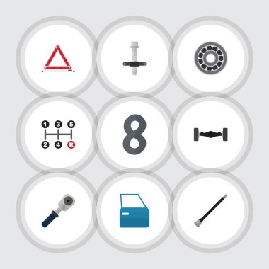 Düz atölye fren Disk, süspansiyon, uyarı ve diğer vektör nesneleri kümesi. Aynı zamanda, küresel, süspansiyon öğeleri bağlaştırıcı.