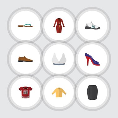 Düz elbise şık giyim, Banyan, erkek Footware ve diğer vektör nesneleri kümesi. Üniforma, Footware, kadın öğeleri de içerir.