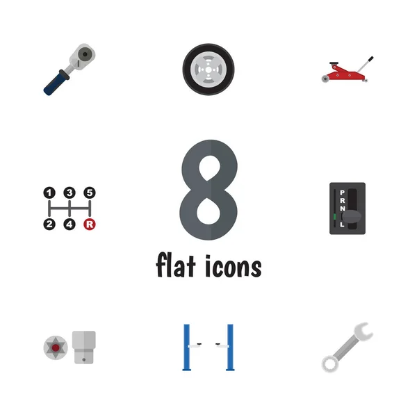 Flat Workshop Set of Auto Jack, Automatic Transmission, Lifting and Other Vector Objects. Также включает гаечный ключ, шины, элементы шнека . — стоковый вектор