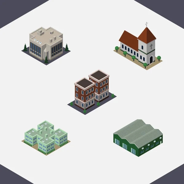 Isometric Building Set Of Warehouse, House, Clinic And Other Vector Objects. Also Includes Storage, Building, Chapel Elements. — Stock Vector