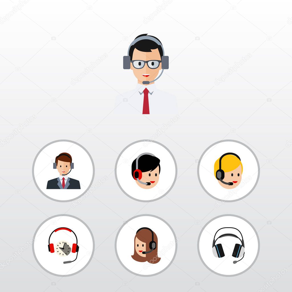 Flat Call Set Of Headphone, Earphone, Call Center And Other Vector Objects. Also Includes Service, Secretary, Hotline Elements.