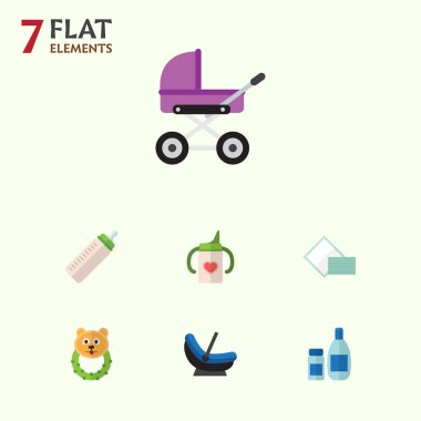 Düz alt şişe ve diğer vektör nesneleri Hemşirelik peçete, bebek arabası, ayarlayın. Ayrıca kozmetik, losyon, havlu unsurları içerir.