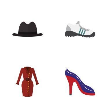 Düz giysi Panama, topuklu ayakkabı, giyim ve diğer vektör nesneleri kümesi. Ayrıca elbise, Giysi, lastikbotlar öğeleri içerir.