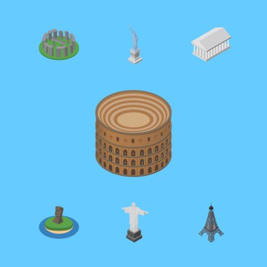 İzometrik cazibe Paris, Coliseum, Rio ve diğer vektör nesneleri kümesi. Ayrıca İsa'nın, Amerika, Paris unsurları içerir.