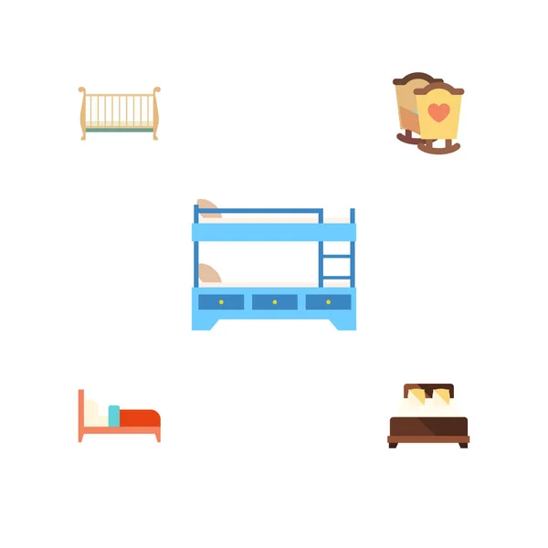Flat Bed Set Of Crib, Cot, Mattress And Other Vector Objects. Also Includes Child, Bunk, Bearings Elements.