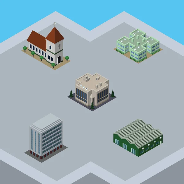 Isometrisches urbanes Set von Lager-, Büro-, Firmen- und anderen Vektorobjekten. umfasst auch Haus, Krankenhaus, Bauelemente. — Stockvektor
