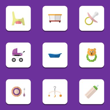 Düz çocuk meme, küvet, Bahçesi ve diğer vektör nesneleri kümesi. Lazımlık, çocuk arabası, alt öğeleri de içerir.
