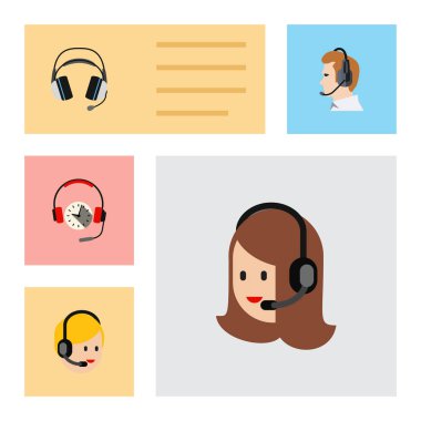 Düz Telefonla satış Çağrı Merkezi, kulaklık, hizmet ve diğer vektör nesneleri kümesi. Ayrıca kulaklık, arama, servis elemanları içerir.