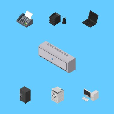 İzometrik iş kasa, Resepsiyon dosya raf, ofis telefon ve diğer vektör nesneleri kümesi. Ayrıca Fotokopi makinesi, kasa, Pc öğeleri içerir.
