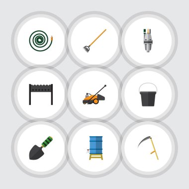 Düz çiftlik kova, Barbekü, çim biçme makinesi ve diğer vektör nesneleri kümesi. Ayrıca hortum, mangal, su unsurları içerir.