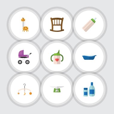 Düz çocuk bebek karyolası, losyon, krem Hemşirelik şişe ve diğer vektör nesneleri kümesi. Aynı zamanda şişe, yatak, beşik unsurları içerir.